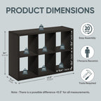 BALEINE Book Shelf, 1.2" Extra Thick Frame Bookshelf, Reversible 6-Cube Storage Organizer with Open Back, 14.6" x 43.8" x 30", for Living Room, Bedroom, Home Office (Black Dark Oak)