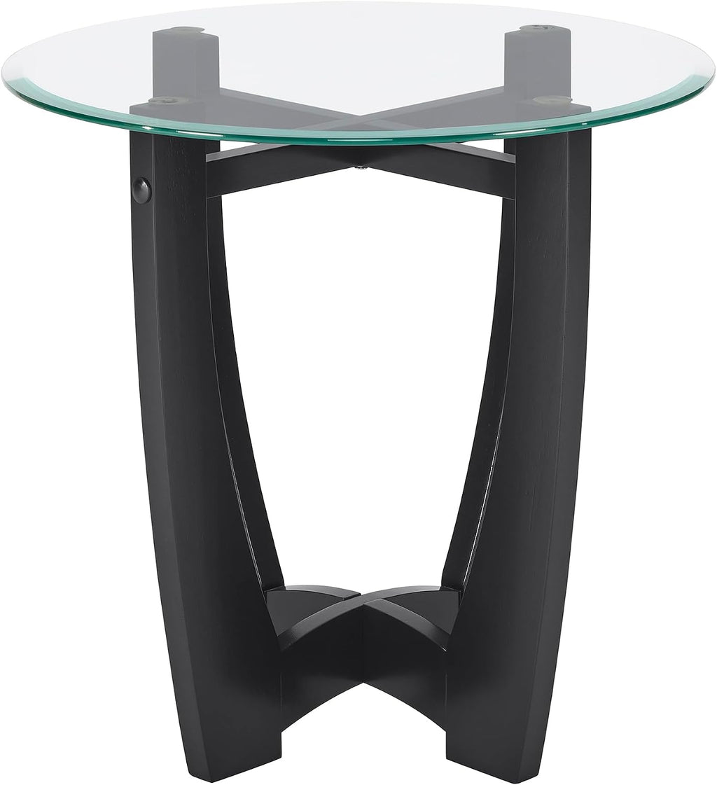 23.5 Inch Round End Table with Tempered Glass Top, Solid Wood Frame, Small Round Side Table for Living Room Bedroom, Easy Clean Glass End Side Table for Small Space, Black
