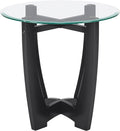 23.5 Inch Round End Table with Tempered Glass Top, Solid Wood Frame, Small Round Side Table for Living Room Bedroom, Easy Clean Glass End Side Table for Small Space, Black