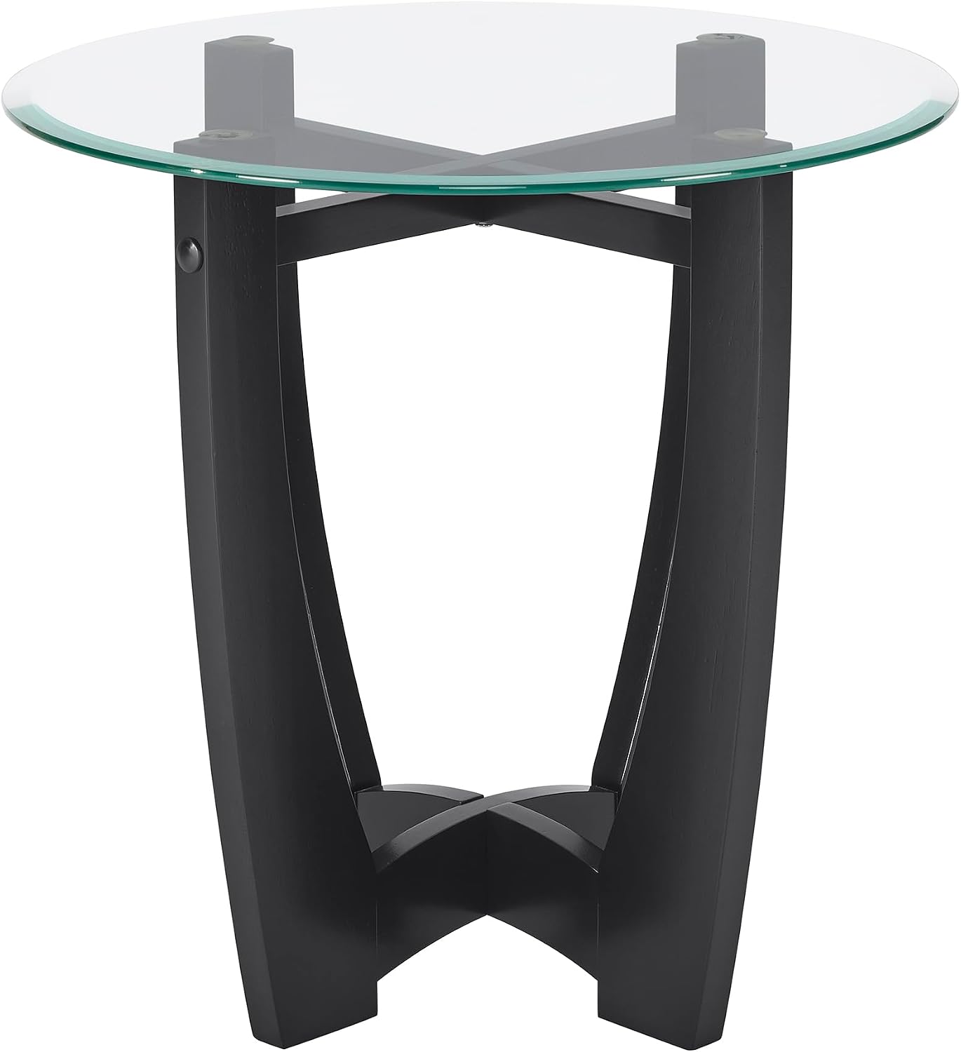 23.5 Inch Round End Table with Tempered Glass Top, Solid Wood Frame, Small Round Side Table for Living Room Bedroom, Easy Clean Glass End Side Table for Small Space, Black
