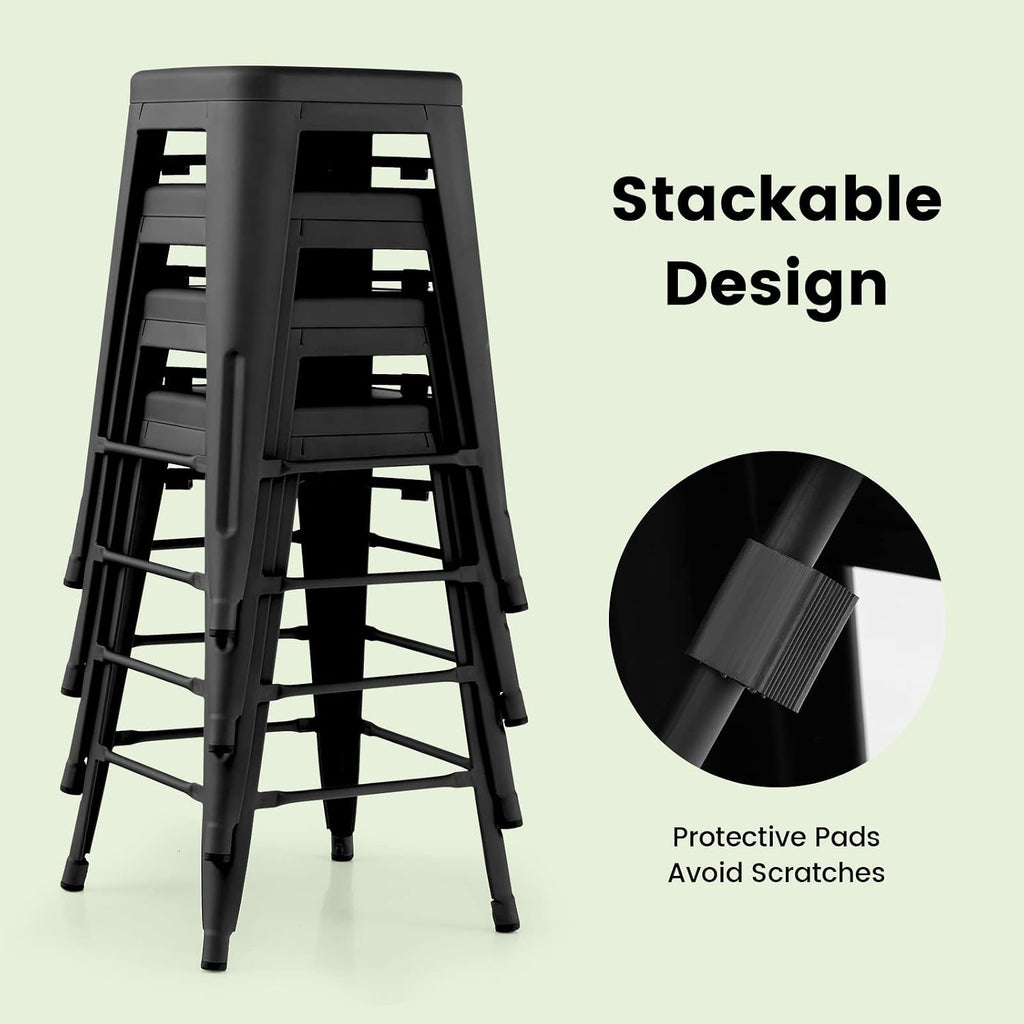 COSTWAY Bar Stools Set of 4, 24” Stackable Metal Stools with Square Seat & Handing Hole, X-Shaped Reinforced Design, Backless Bar Chairs for Kitchen, Dining Room, Pub (Black, 24‘’)