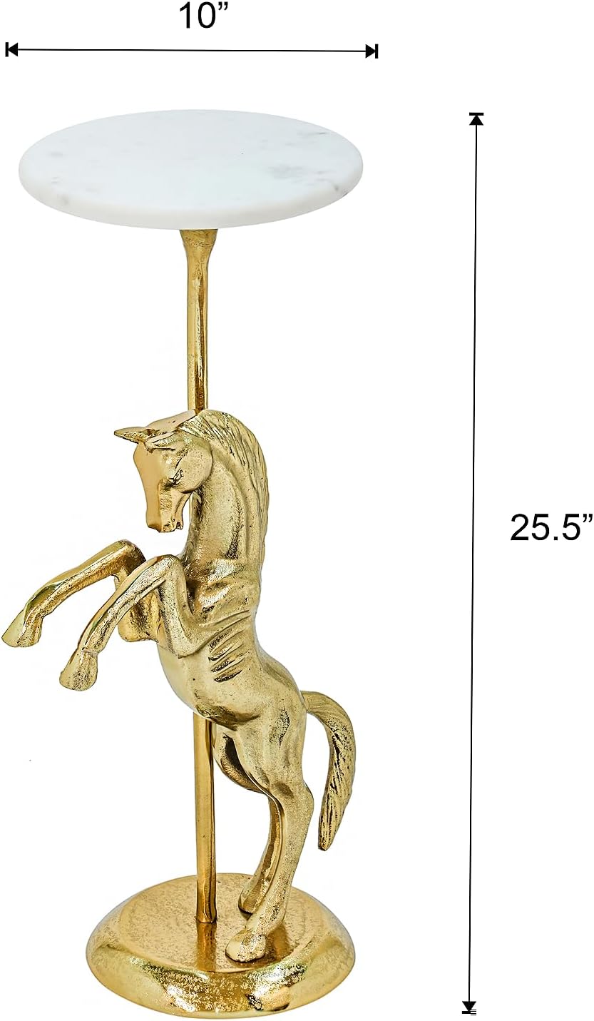 Horse Side Table with White Marble Top | Decorative Sculptural End Table | Aluminum Base | Gold Accent Table for Living Room | 10x10x25.5