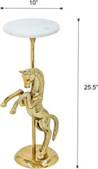 Horse Side Table with White Marble Top | Decorative Sculptural End Table | Aluminum Base | Gold Accent Table for Living Room | 10x10x25.5