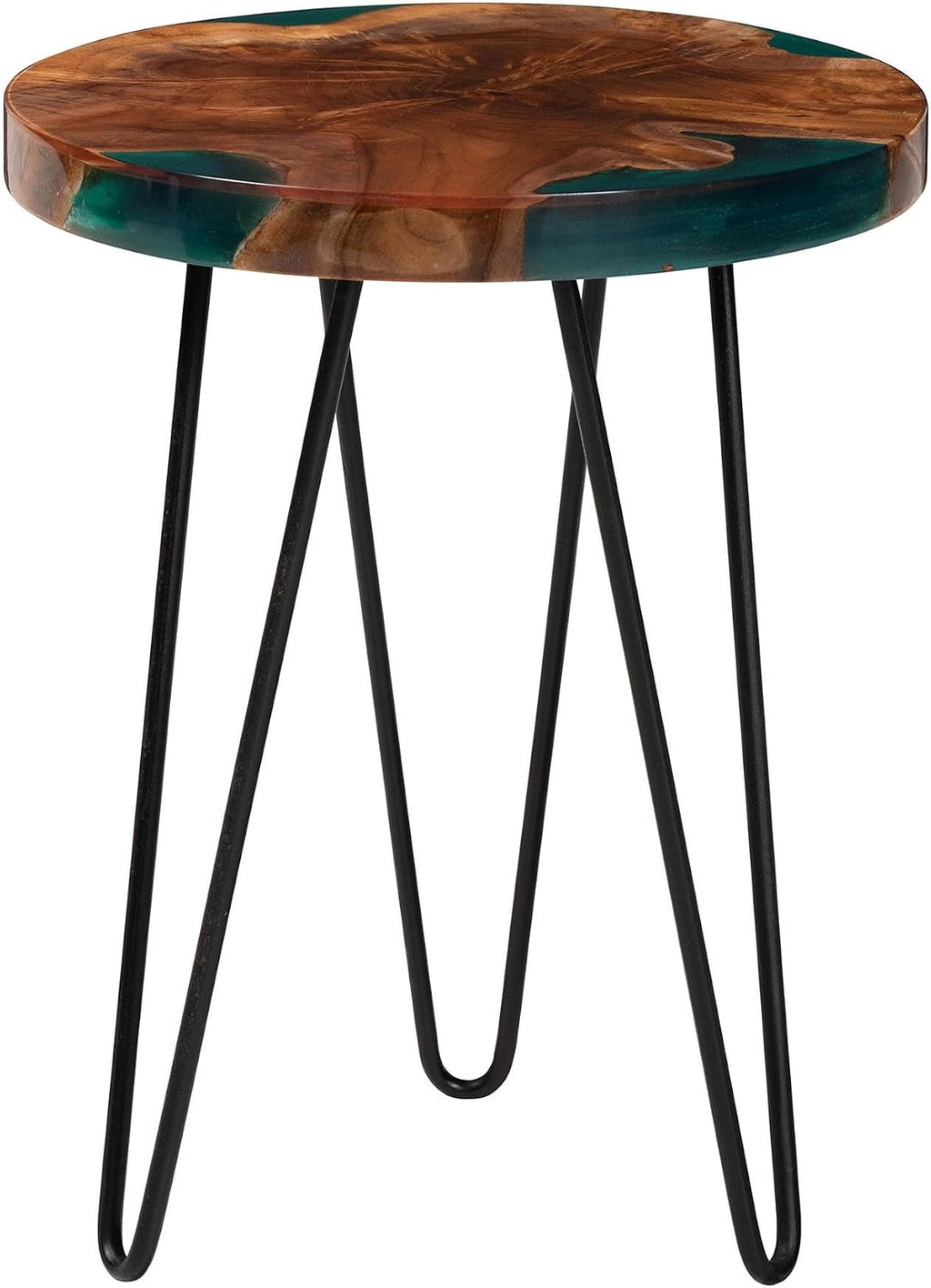 Bali & pari ANAN Teak Wood Epoxy Resin End Table - Round Live Edge Side Table with Black Metal Legs, Handcrafted Modern Rustic Accent Table for Living Room or Bedroom, Round