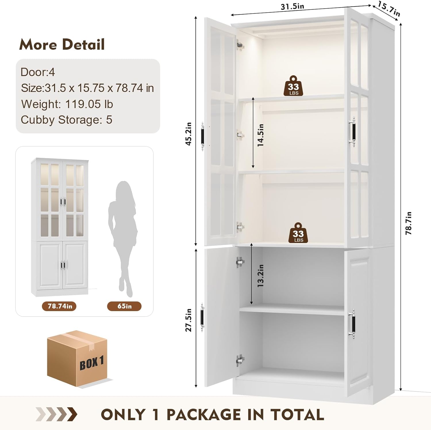 MEISSALIVVE Kitchen Pantry Storage Cabinet with LED Lights, 78.7" Tall with Glass Doors & Drawers, Freestanding Utility Cabinet, White (31.5" W x 15.7" D)