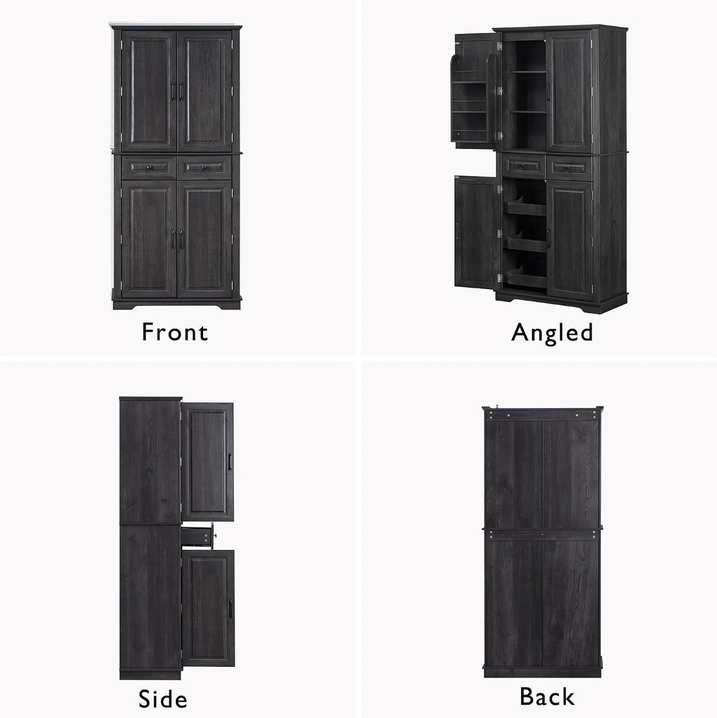 71.3" Tall Kitchen Pantry Cabinet with 3 Pull Out Organizers, Farmhouse Embossed Storage Cabinet with 6 Door Shelves, 2 Drawers, Freestanding Cupboard for Kitchen, Dining Room Black