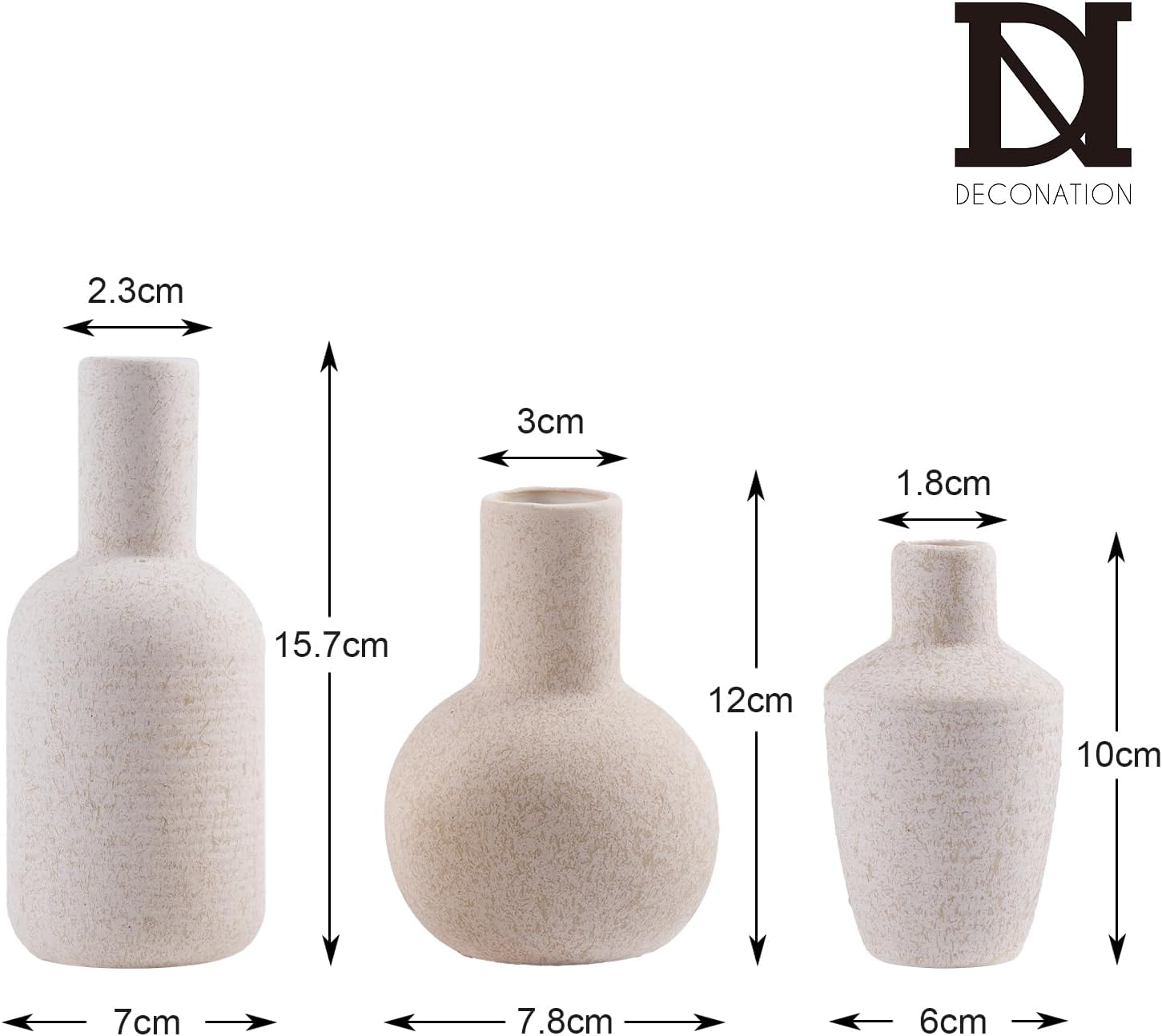 DN DECONATION Ceramic Vase Set of 3, Small Vases Home Decor Boho Rustic Farmhouse for Pampas Grass & Dried Fresh Flowers, Modern Decorative Vases for Living Room, Bedroom, Entryway, Shelf, Table Decor