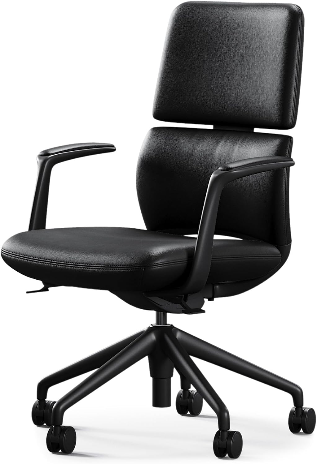 TOMU Genuine Leather Office Desk Chair with Wheels, Ergonomic Leather Executive Chair, Mid Back, Swivel Base with Adjustable Tilt, Modern Style, Luxury Aluminum Frame