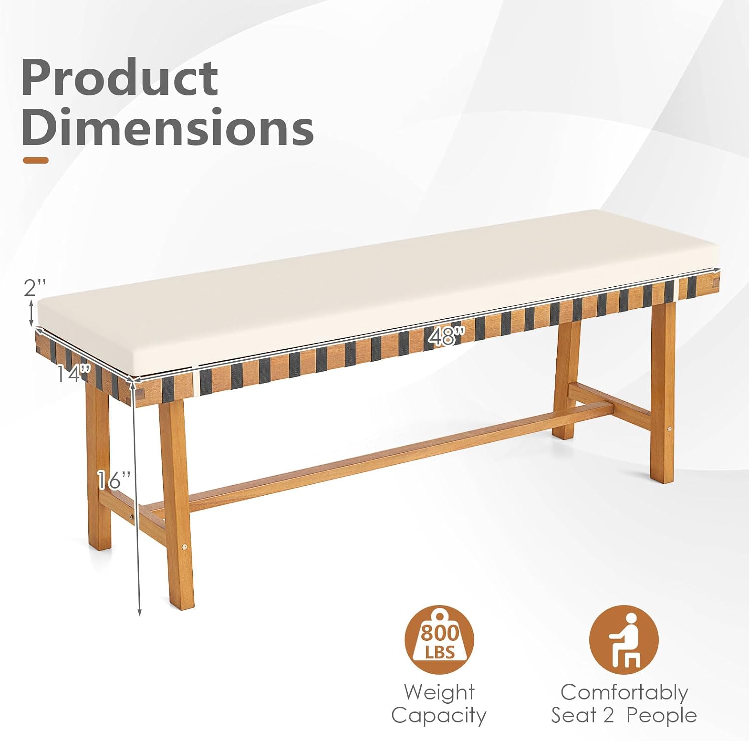 Tangkula Acacia Wood Outdoor Bench with Padded Cushion, 48" Long Dining Bench with Washable Zippered Cover, Backless Wooden Entryway Bench, Garden Poolside Porch Balcony Deck Indoor Furniture (1)