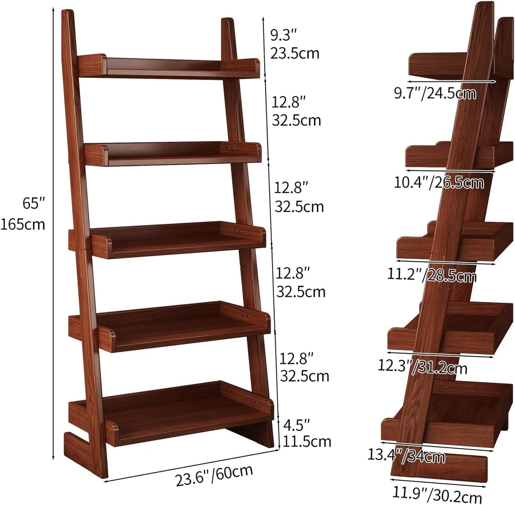 5 Tier Ladder Shelf, Leaning Bookshelf with Wood Frame, 5 Shelf Tall Bookcase Standing Storage Organizer Solid Wood Storage Shelves for Living Room, Bedroom, Home Office (Walnut)