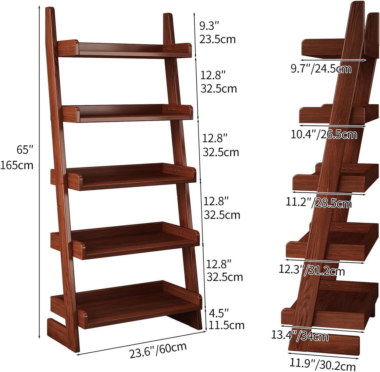 5 Tier Ladder Shelf, Leaning Bookshelf with Wood Frame, 5 Shelf Tall Bookcase Standing Storage Organizer Solid Wood Storage Shelves for Living Room, Bedroom, Home Office (Walnut)