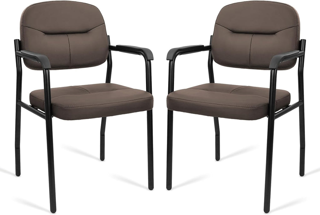 CLATINA Leather Office Guest Chair Sets of 2, Reception Chair No Wheels with Armrests and Lumber Support, Ergonomic Desk Armchair for Meeting Waiting Conference Lobby Room Shool Study, Brown