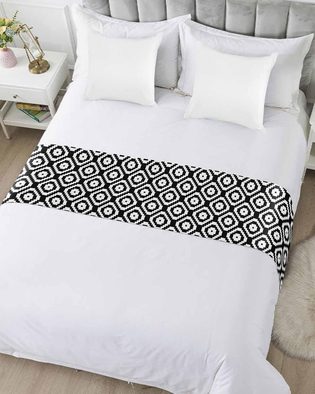 Black White Geometric Bed Runner Scarf Cal King Size, Modern Abstract Art Luxury Bed Throw Runners & Scarves for Twin Full Queen King Foot of Beds, Bedroom Hotel Wedding Room Decoration, 102"x20"