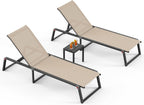 Aluminum Chaise Lounge Chair Outdoor, Foldable Patio Pool Lounge Chairs 5-Position Recliner for Outside, No Assembly Sun Lounger for Poolside, Khaki, 2 Chairs&1 Side Table