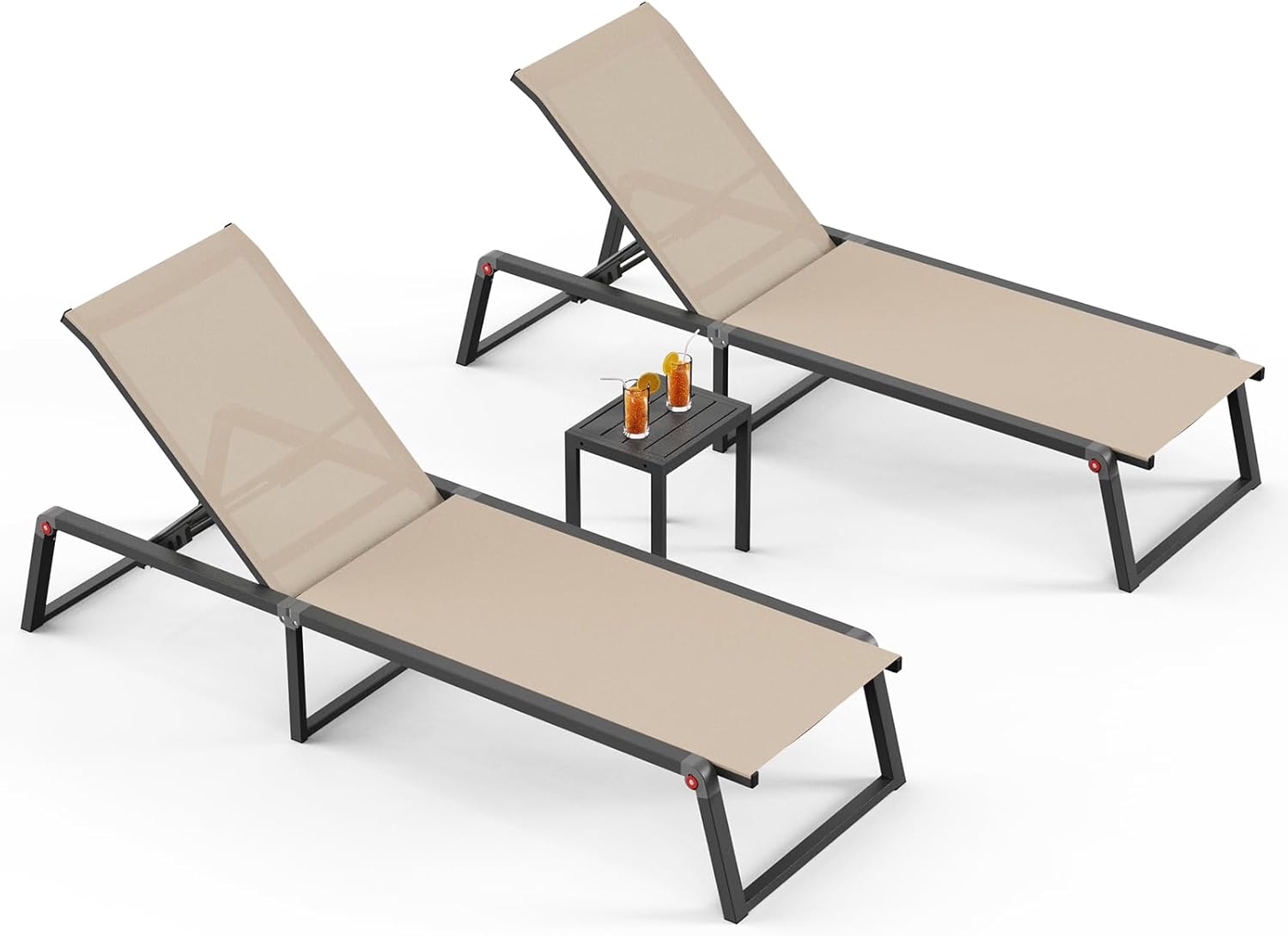 Aluminum Chaise Lounge Chair Outdoor, Foldable Patio Pool Lounge Chairs 5-Position Recliner for Outside, No Assembly Sun Lounger for Poolside, Khaki, 2 Chairs&1 Side Table
