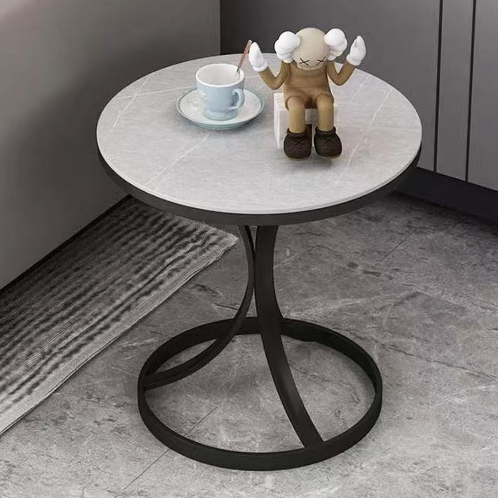 Beautyverve Rock Plate Coffee Tables for Living Room, Modern Small Round Side Table with Marble Top, Outdoor End Table for Patio Bedroom Room, Corner Desk (Snow Mountain White, 19.7 inch, Black)