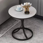 Beautyverve Rock Plate Coffee Tables for Living Room, Modern Small Round Side Table with Marble Top, Outdoor End Table for Patio Bedroom Room, Corner Desk (Snow Mountain White, 19.7 inch, Black)