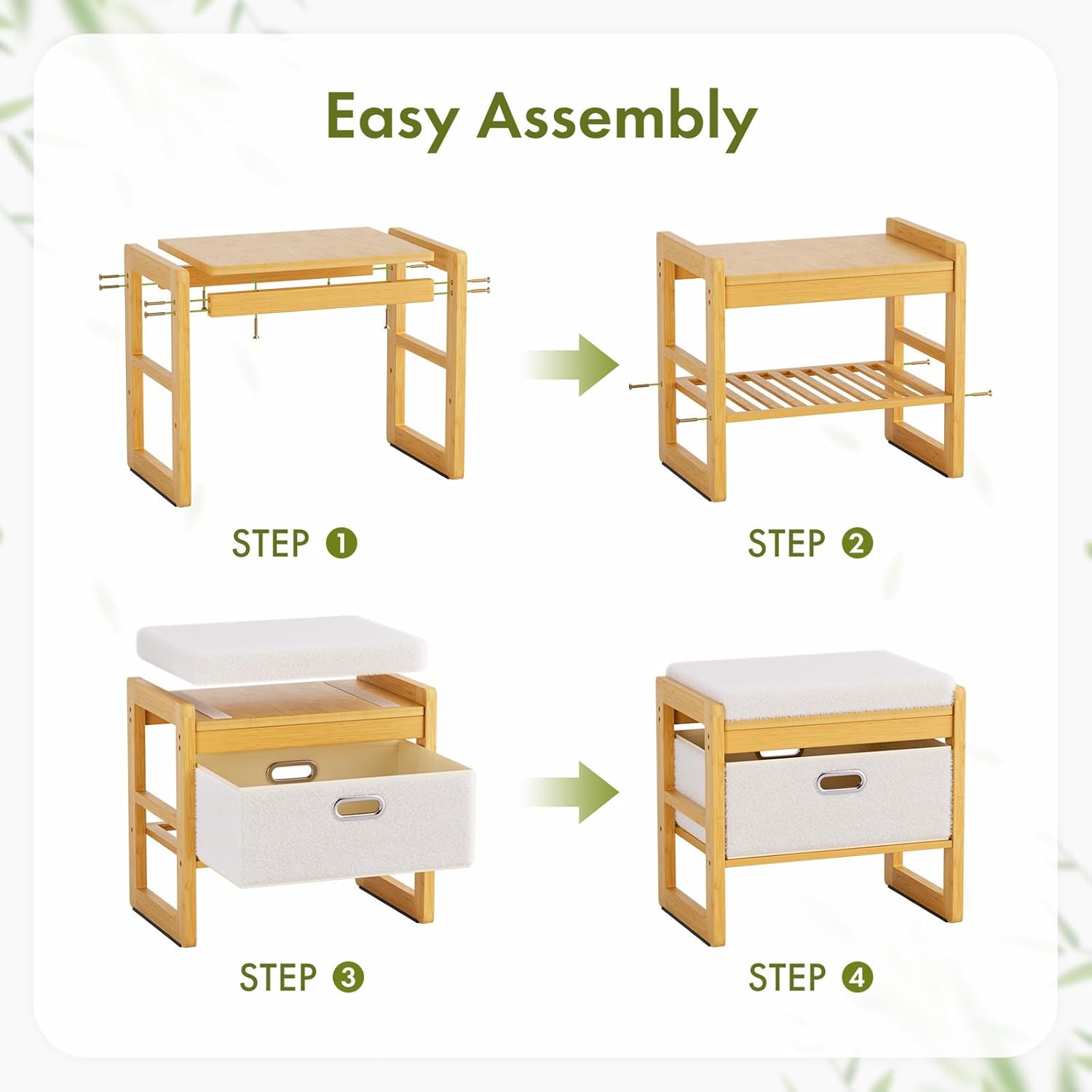 Storage Ottoman, Bamboo Footstool with Drawer, 3-in-1 Soft Ottoman with Storage, Multifunctional Footrest, Seat & Organizer for Living Room, Bedroom, Entryway Gift Set for Family