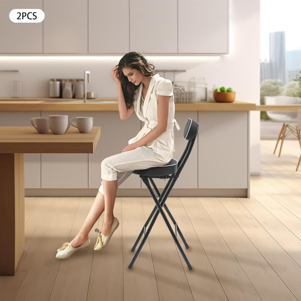 2Pcs-Folding Bar Stool with Back, Black Tall Foldable Chair Counter Height Collapsible Stool PU Leather Padded for Kitchen Island, Restaurant, Bar, Cafe Shop, Outdoor Camping