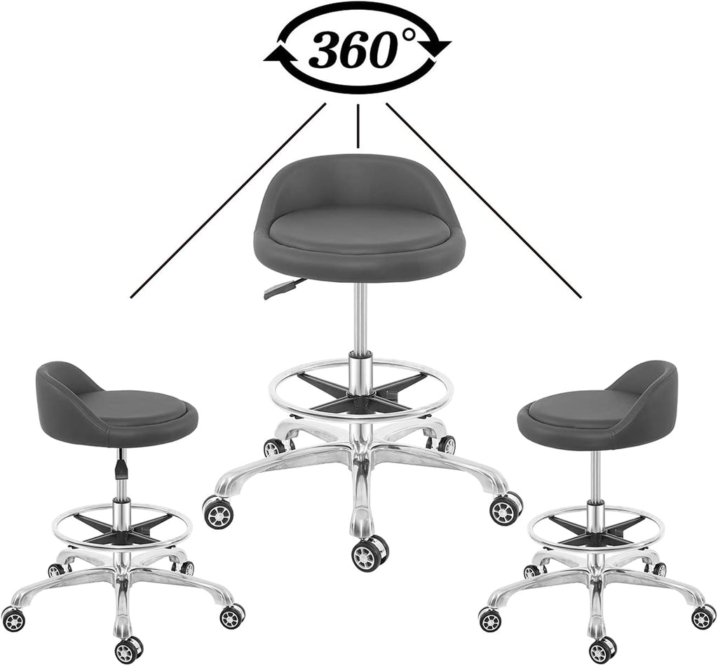 Rolling Stool Adjustable Drafting Chair, Heavy Duty Metal Base with Back Support Foot Rest, for Office Home Shop Kitchen Beauty(Large)