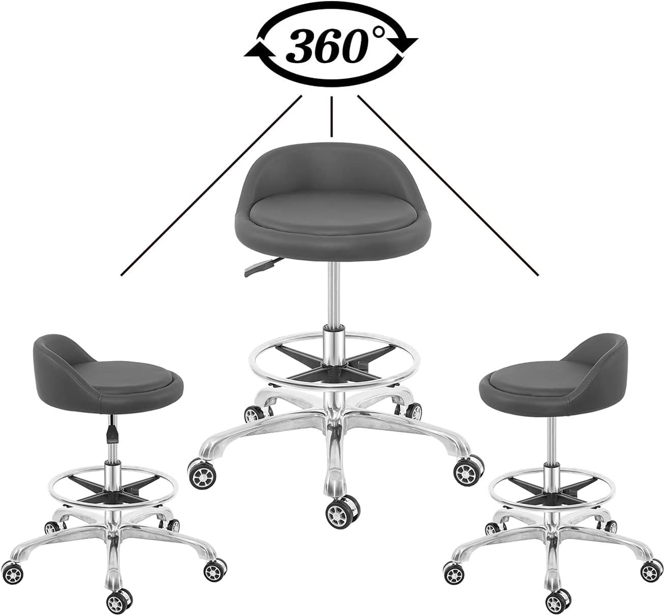 Rolling Stool Adjustable Drafting Chair, Heavy Duty Metal Base with Back Support Foot Rest, for Office Home Shop Kitchen Beauty(Large)