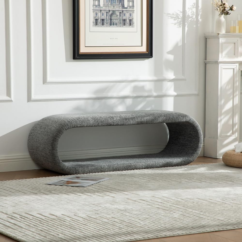 52.17" Wide Chenille Upholstered Bench for Bedroom End of Bed, Modern Shoe Bench for Entryway, Equipped with an Iron Frame, Dining Room, Living Room, Bedroom (Gray + Chenille)