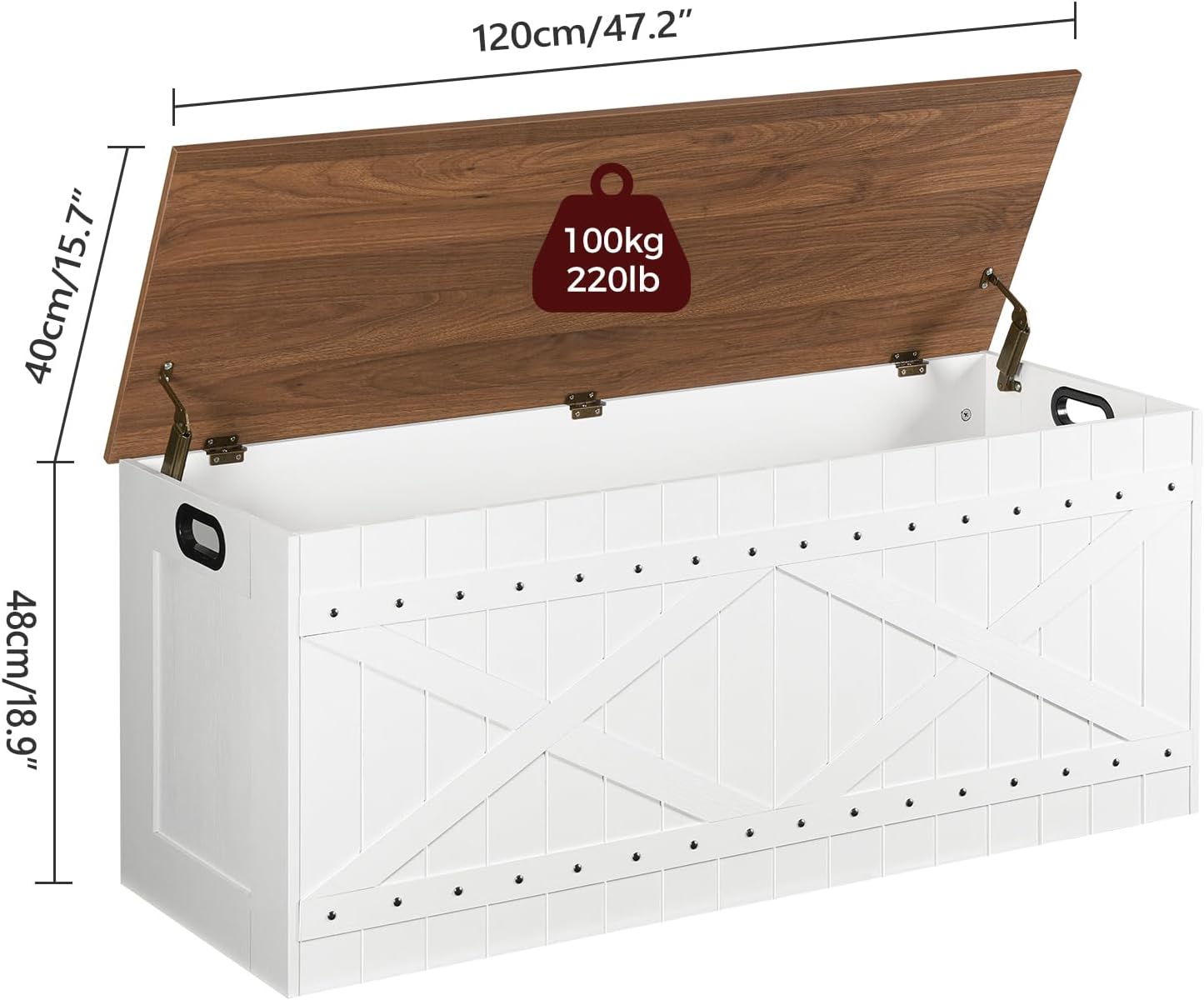 MAHANCRIS 47.2" Storage Chest, Extra Large Toy Box with 2 Safety Hinges, Wooden Toy Chest, Storage Bench with Rivets, Storage Trunk for Bedroom, Living Room, Entryway, White and Brown SCBZ18501
