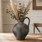 Ceramic Rustic Farmhouse Vase with Handle, 8.8 Inch Brown Vintage Vase, Rustic Ceramic Pottery for Home Decor, Farmhouse Decor Centerpiece for Kitchen, Living Room, Entryway