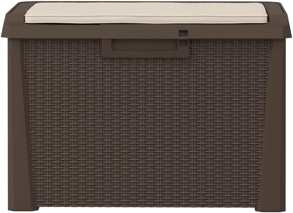 Patio Storage Box with Seat Cushion Brown 33 Gallon Resin Wicker Bench Container for Outdoor Garden Backyard Deck with Lockable Lid and Weather Resistant Design