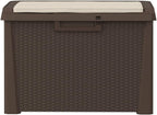 Patio Storage Box with Seat Cushion Brown 33 Gallon Resin Wicker Bench Container for Outdoor Garden Backyard Deck with Lockable Lid and Weather Resistant Design