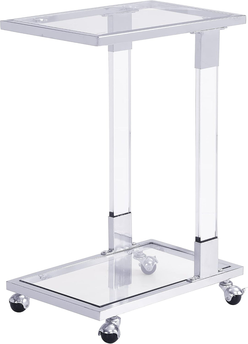 Acrylic Sofa Side Table C Shaped End Table with Wheels, Rolling Bedside Laptop Snack Table with Glass Top,Mobile Breakfast Tray Table with Clear Acrylic Frame