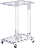 Acrylic Sofa Side Table C Shaped End Table with Wheels, Rolling Bedside Laptop Snack Table with Glass Top,Mobile Breakfast Tray Table with Clear Acrylic Frame
