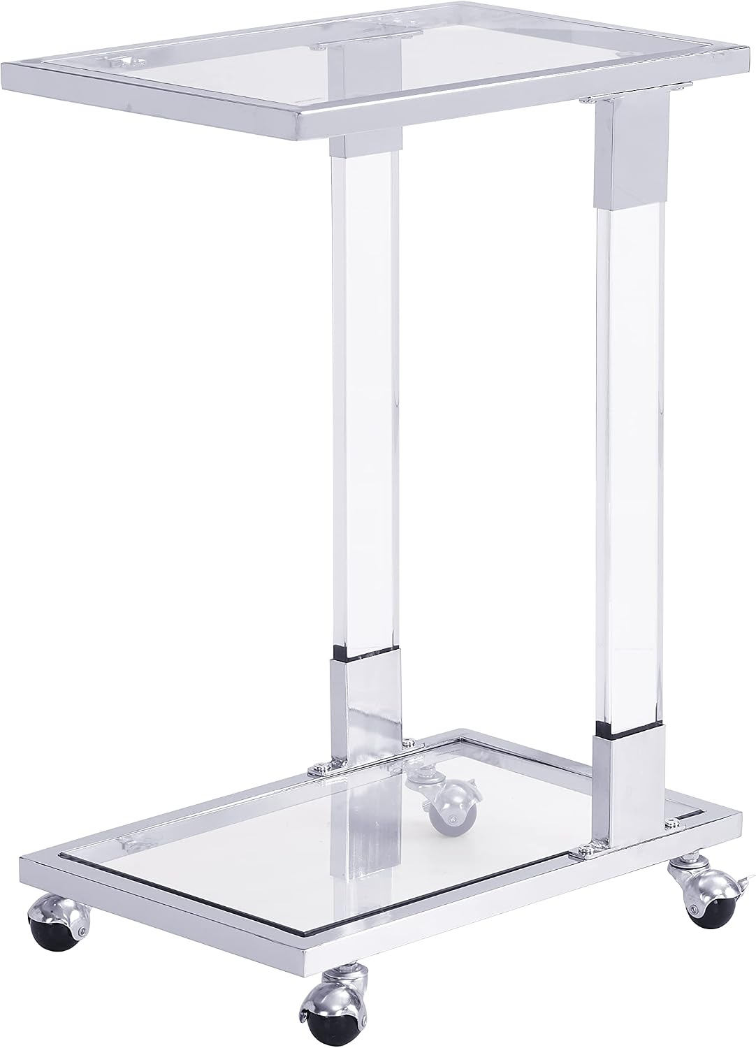 Acrylic Sofa Side Table C Shaped End Table with Wheels, Rolling Bedside Laptop Snack Table with Glass Top,Mobile Breakfast Tray Table with Clear Acrylic Frame