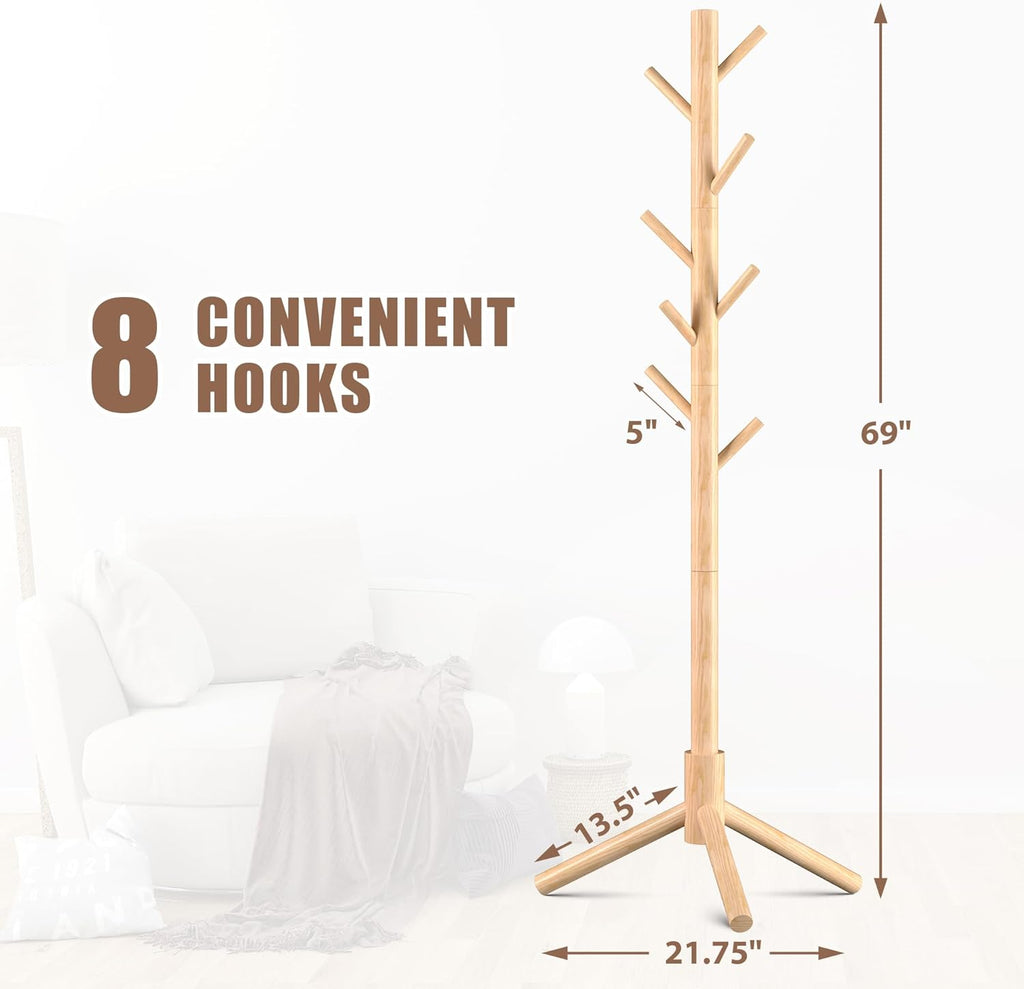 Haddockway Wooden Coat Rack Stand with 8 Hooks New Zealand Pine 3 Adjustable Coat Standing Tree Easy Assembly for Coats, Hats, Scarves and Handbags for Entryway, Hallway, Bedroom, Office