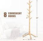 Haddockway Wooden Coat Rack Stand with 8 Hooks New Zealand Pine 3 Adjustable Coat Standing Tree Easy Assembly for Coats, Hats, Scarves and Handbags for Entryway, Hallway, Bedroom, Office