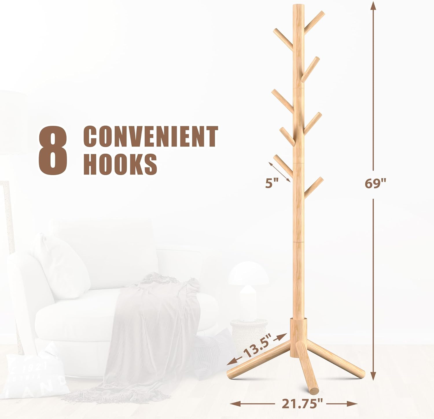Haddockway Wooden Coat Rack Stand with 8 Hooks New Zealand Pine 3 Adjustable Coat Standing Tree Easy Assembly for Coats, Hats, Scarves and Handbags for Entryway, Hallway, Bedroom, Office