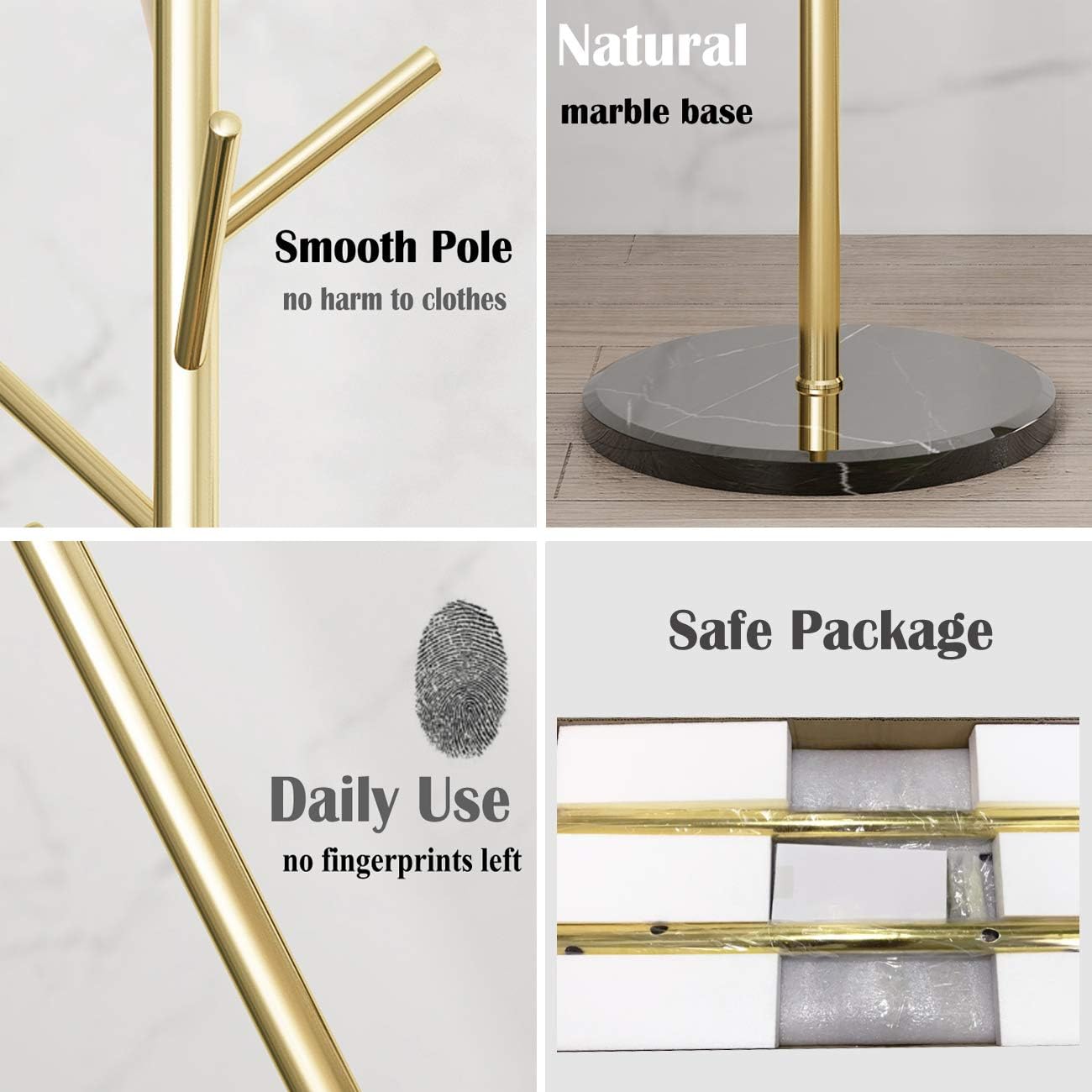 Jolitac Metal Coat Rack Stand Golden Satin Steel Finish Stable Marble Base, High-Grade with Hooks Metal Tree Hat & Coat Hanger Floor Free Standing Wall Bedroom Easy Assembly (Golden)