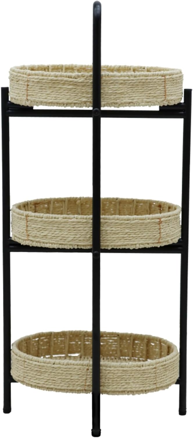 Handwoven Paper Rope Side Table, 3 Tier Oval Storage Shelf, Removable Basket Stand, Metal Frame End Accent Organizer for Kitchen Living Room Bedroom Balcony Picnic Snacks Plants Decor (Natural)