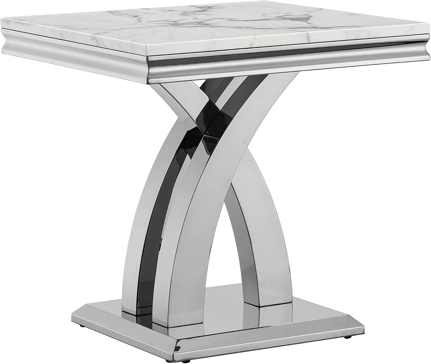 1 Piece Living Room End Table Luxury Faux Marble Sofa Side Table, Modern White Silver End Table with X-Shape Stainless Steel Pedestal Base