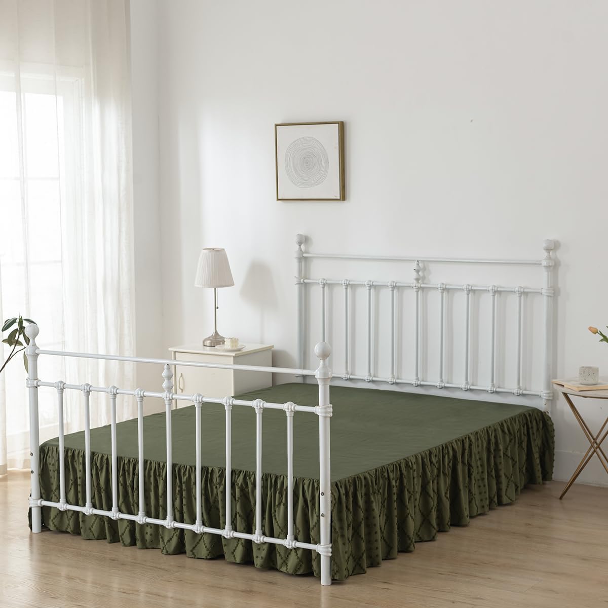 Bed Skirt King Size Ruffled Bed Skirt with Split Corners, 18 Inch Drop Dust Ruffle Bed Skirts with Platform, Boho Tufted Shabby Chic King Size Bed Skirts, Olive Green