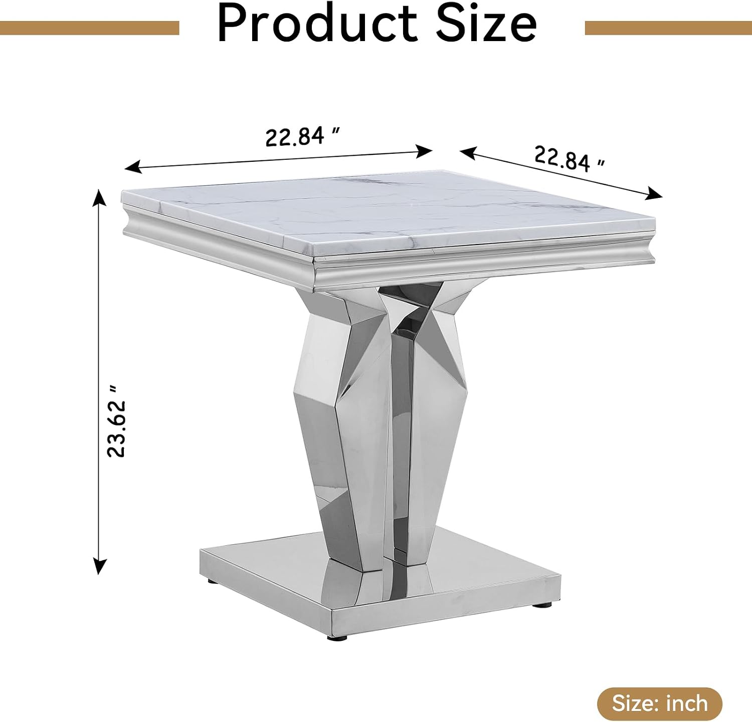 23in Faux Marble End Table w/Y Stainless Steel Base, Night Stand Square End Table for Living Room Modern White and Silver Sofa Side Table witn High Glossy White Square Accent Table Bedside Table