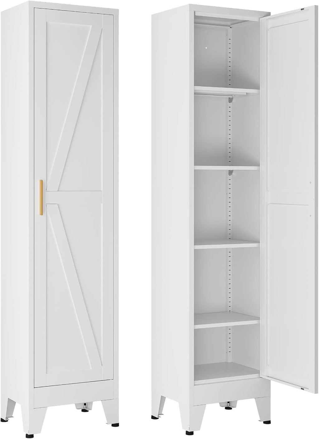 67" Tall Storage Cabinet with Reversible Doors and Adjustable Shelves,Metal Slim Freestanding Cabinet for Bathroom Kitchen Garage Small Spaces,White1 Pack