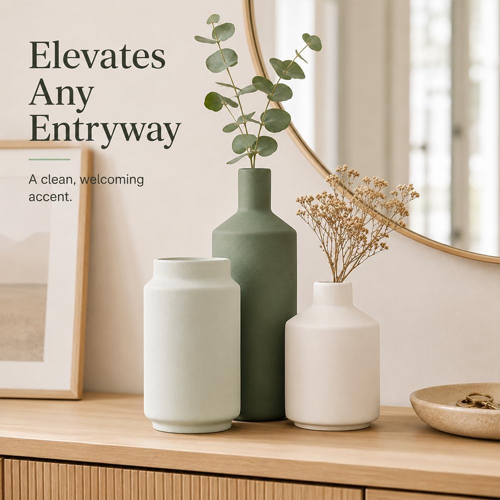 Modern 3 Piece Ceramic Vase Set - Minimalist Home Decor Vases for Living Room, Bedroom, or Entryway - Modern Neutral Table Decor for Flowers or Greenery, Shelf and Mantel Accent