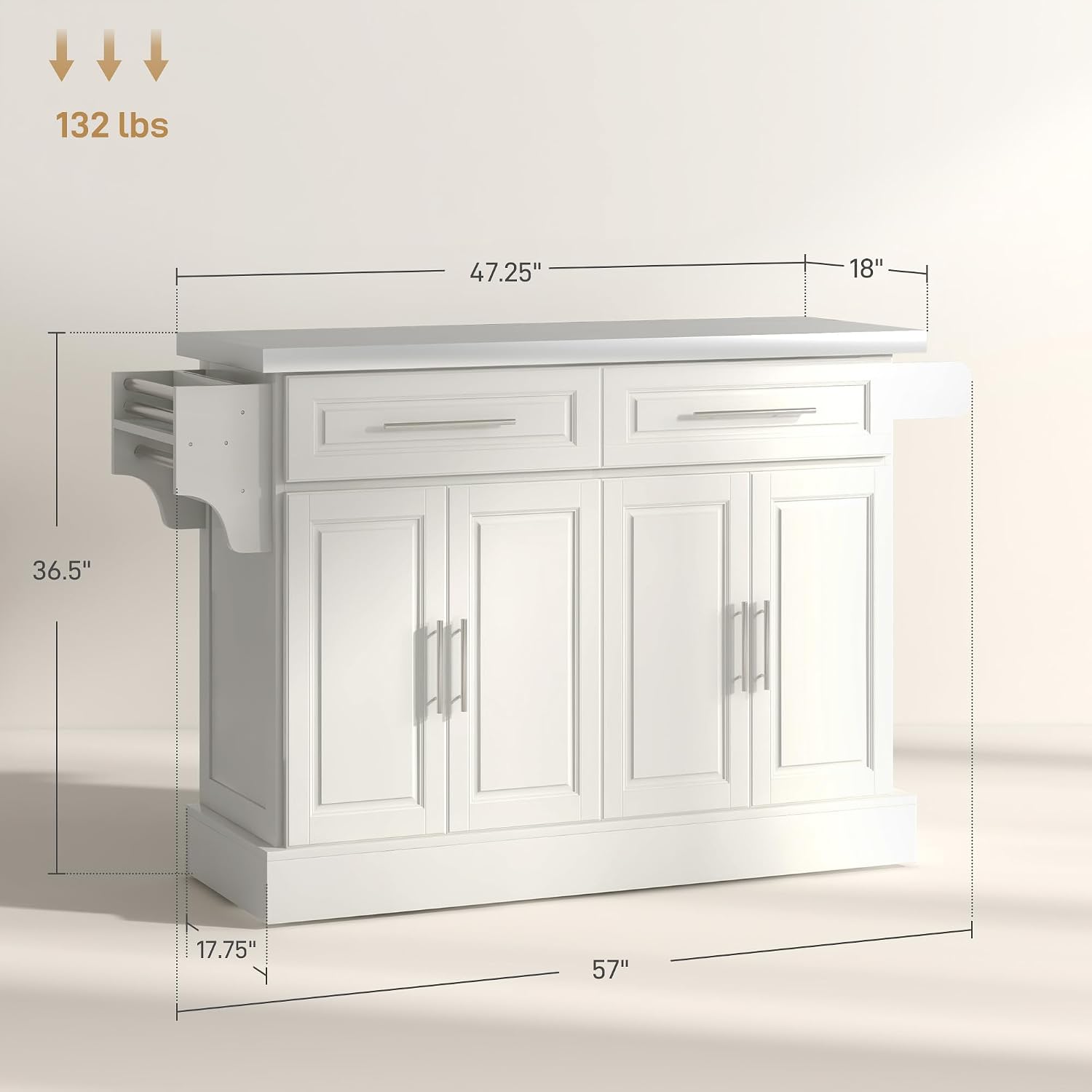 HOMCOM Rolling Kitchen Island Cart with 47" Stainless Steel Top, Portable Island Table for Kitchen with Wheels, Adjustable Shelves, 2 Drawers, Spice, Knife and Towel Rack, Cream White
