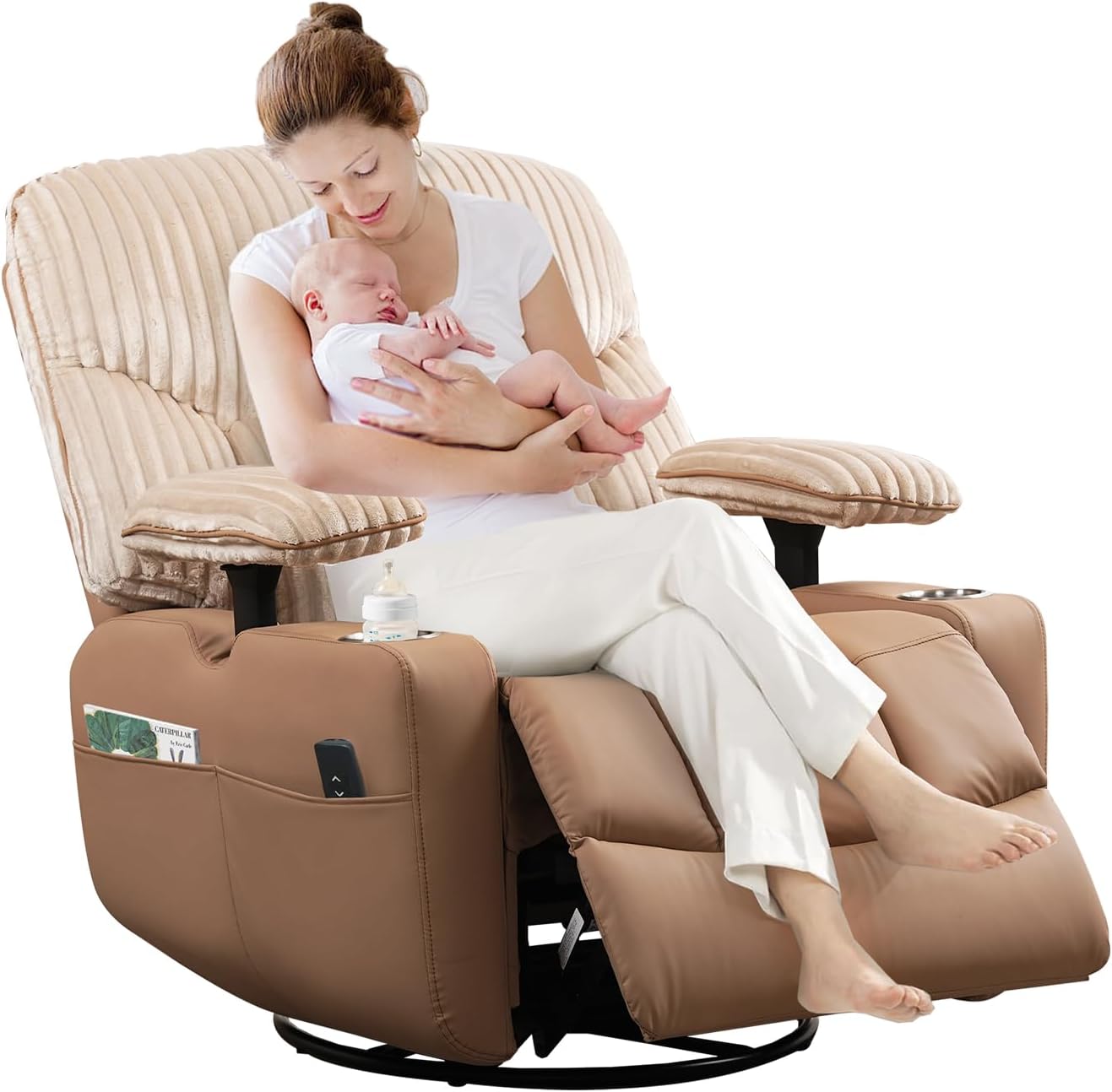 GRAINELL Rocking Chair Nursery, Electric Swivel Recliner Glider with Adjustable Armrests, Nursing Chair with USB Charger, Cup & Blanket Holders, Brown Corduroy & PU Leather