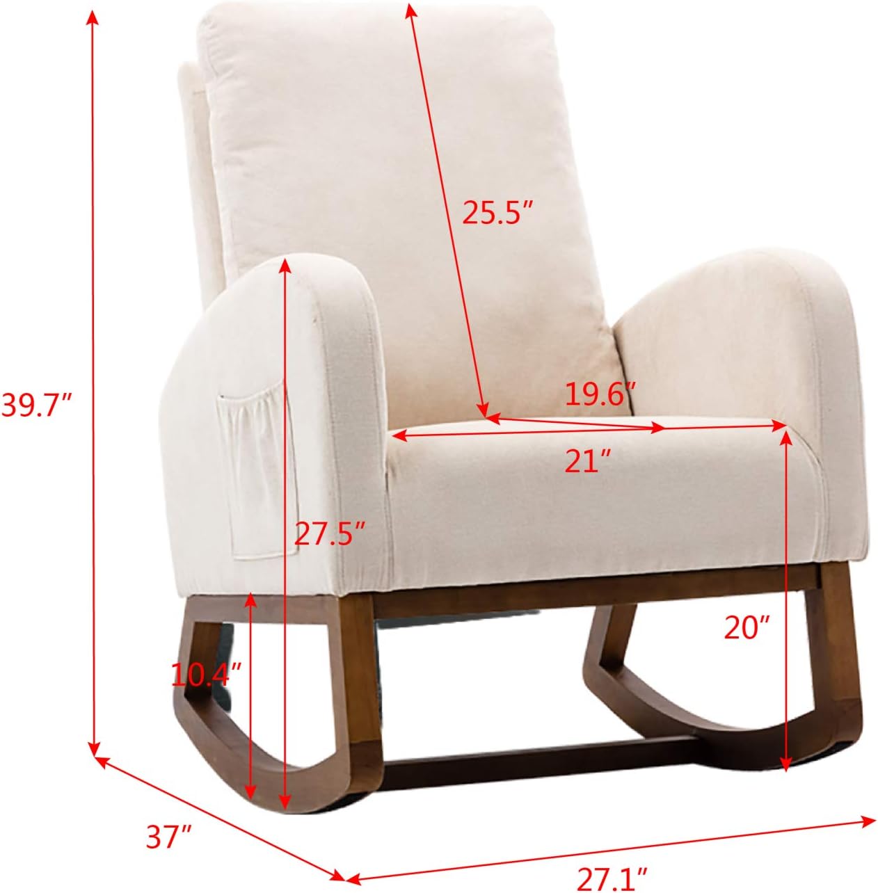Nursery Rocking Chair,Upholstered Fabric Accent Armchair,Wooden Padded Seat with 2-Side Pocket,Nursing Chair with Rubber Wood Legs,Glider Chair for Nursery,Living Room,Home Office (Beige)