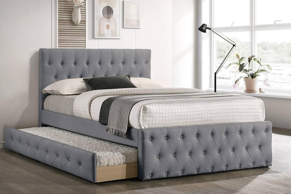 Contemporary Full Size Bed w, Trundle Slats Light Grey Burlap Upholstered Button Tufted Headboard Footboard Youth Bedroom Furniture Wooden Slats 1pc Bed