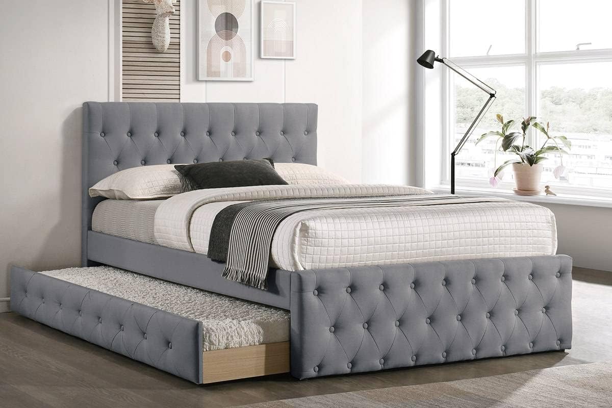 Contemporary Twin Size Bed w, Trundle Slats Light Grey Burlap Upholstered Button Tufted Headboard Footboard Youth Bedroom Furniture Wooden Slats 1pc Bed