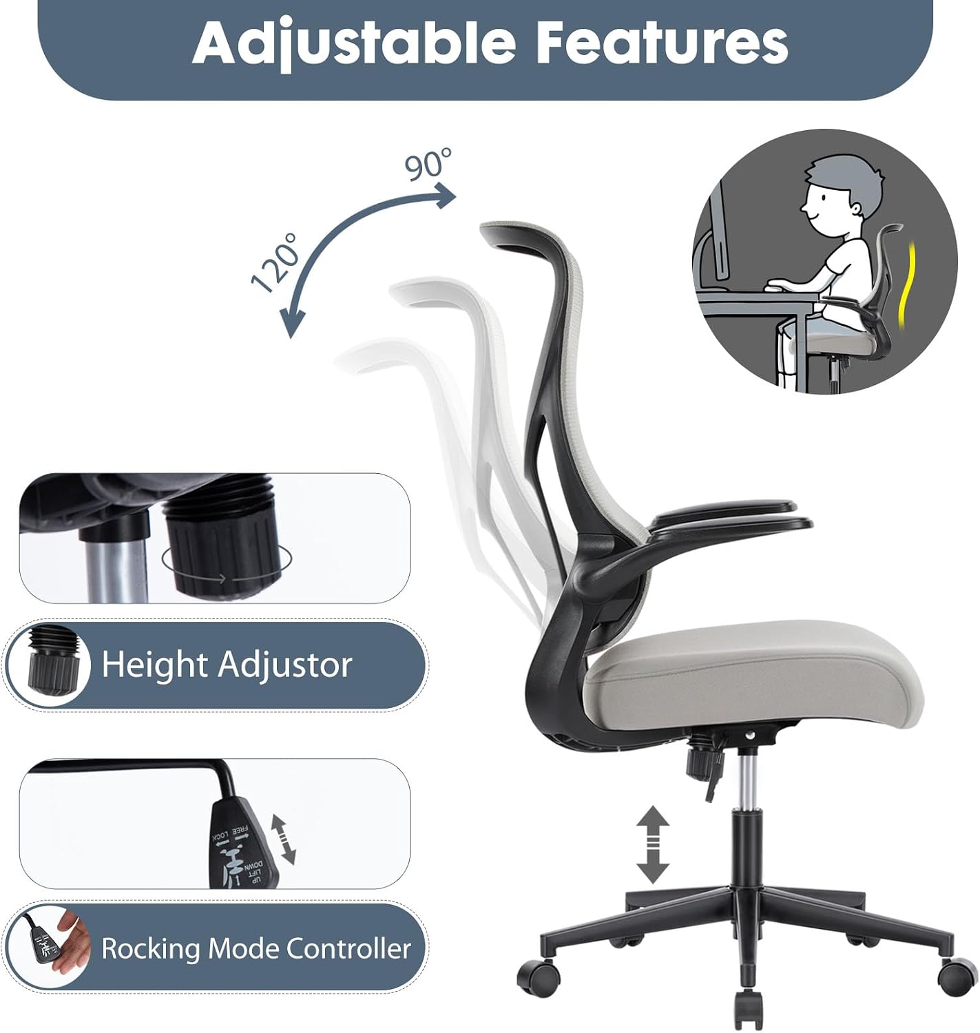 DUMOS Home Office Desk Chair - Ergonomic High Back Mesh Computer Task Chair with Comfy Flip-up Armrests, Swivel Adjustable Height with Wheels, Comfortable Lumbar Support, for Adults, Gery