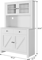 Freestanding Kitchen Pantry Cabinet with Microwave Countertop, Tall Storage Hutch Buffet Cupboard with Adjustable Shelves & Tempered Glass Door, Multifunctional Storage Cabinet for Kitchen Dining Room